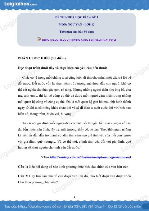 Đề kiểm tra giữa học kì 2 Ngữ văn 12 - Đề số 3 có lời giải chi tiết